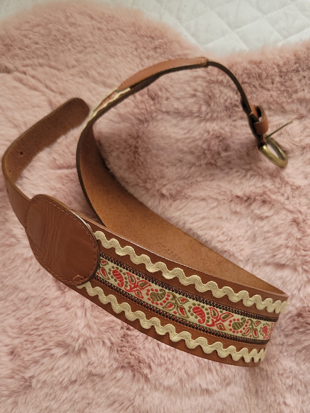 Brown Embroidered Boho Waist Belt with Wavy Trim